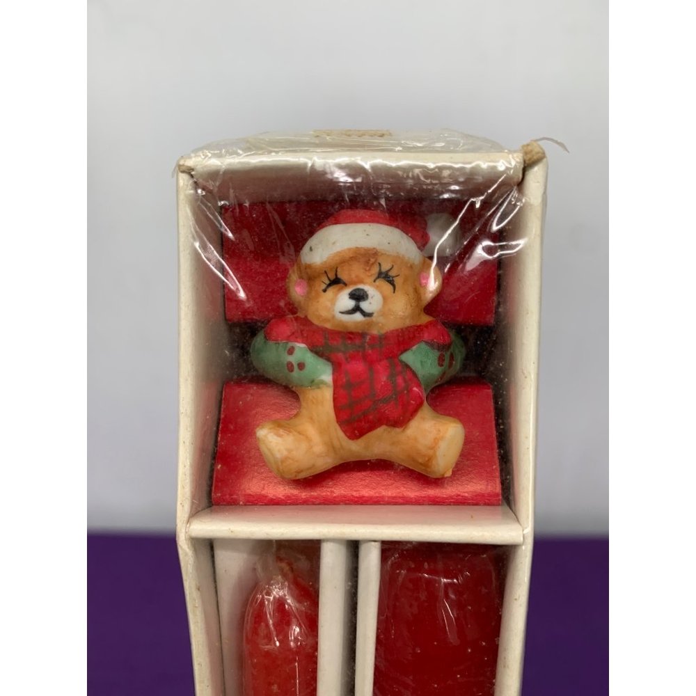 Santa Bear Candle Rings Hugger Set of 2 with Taper Candles Bisque Jasco Taiwan V